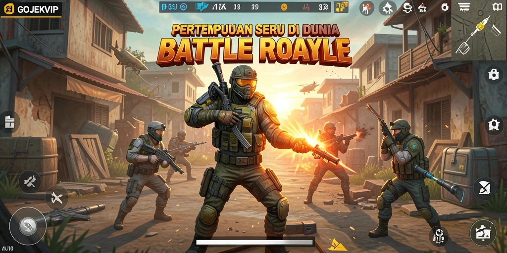 Screenshot gameplay GOJEKVIP menampilkan aksi pertempuran seru Battle Royale.