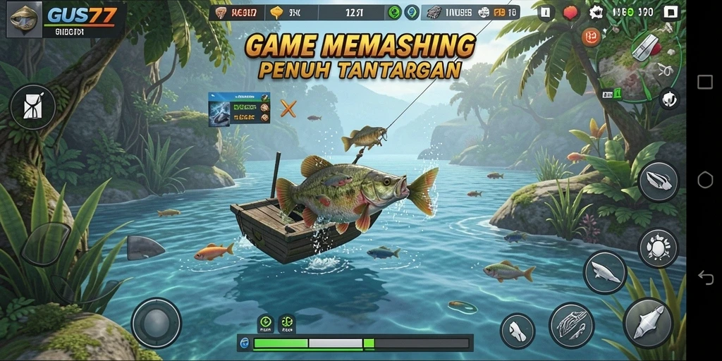 Tampilan gameplay <strong>GUS77</strong> saat memancing di danau yang tenang.