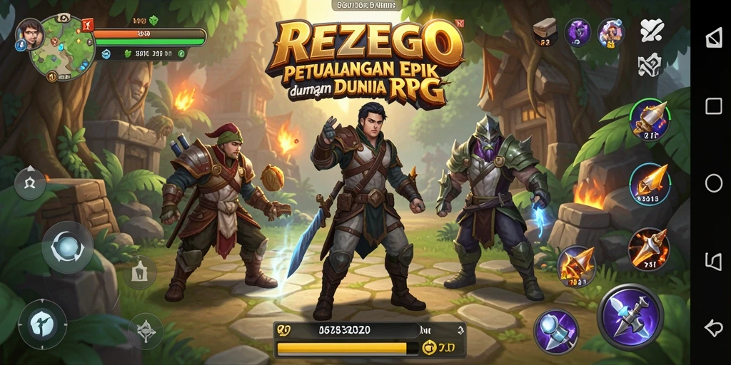 Screenshot menunjukkan aksi epik di dalam dunia RPG REZEGO.